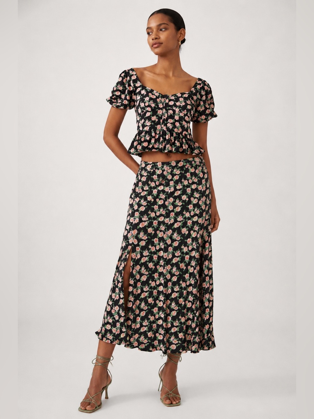 NWT ZARA Floral Black Top and Skirt Coord Set M